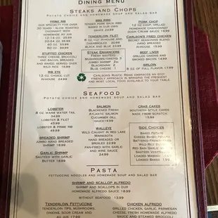 The menu Backside