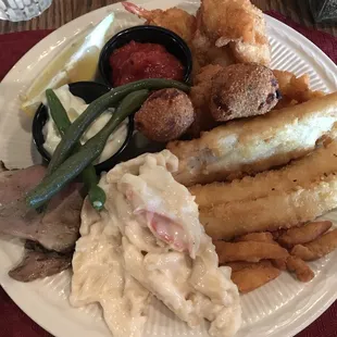 Seafood buffet plate, cod, shrimp, flounder, calamari, hush puppies, seafood Neptune pasta, and prime rib!