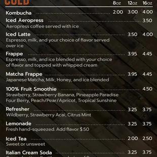 a menu for cold beverages