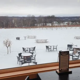 a view of a snowy field through a window