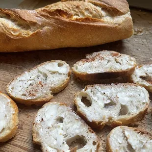 Making crustini from sourdough Rustica baguette.   Clean ingredients &amp; Parisian reminiscent quality flavor, texture, clean ingredients.