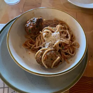 Kids spaghetti &amp; meatballs -- no true kids menu but they made this for our little one