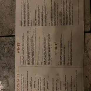Cocktail and drinks menu.  Different from the online menu