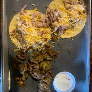Pulled pork tacos and fried jalapeño bottle caps!!!!!!!