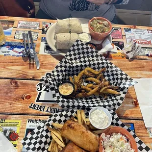 fish and chips, zickles, taco salad wrap, dutch meatball soup