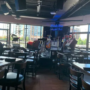 a band playing on stage in a restaurant