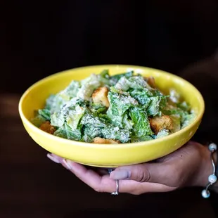 a person holding a bowl of salad