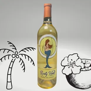 a bottle of wine and a coconut drink