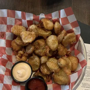 Fried Pickles with chipotle sauce and ketchup