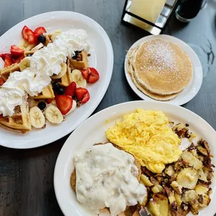 Buttermilk Pancakes, Napoleon Waffle, Chicken fried steak, 2 Extra Large Eggs Any Style