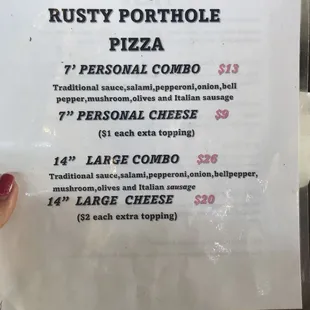 Pizza menu