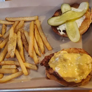 Crispy chicken sandwich and seasoned fries