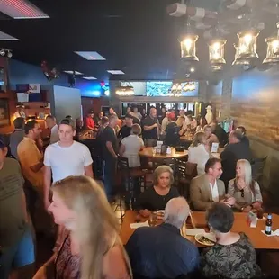 a large group of people sitting at tables