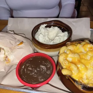 Crispy chicken wrap, mashed potatoes &amp; gravy and baked macaroni &amp; cheese!