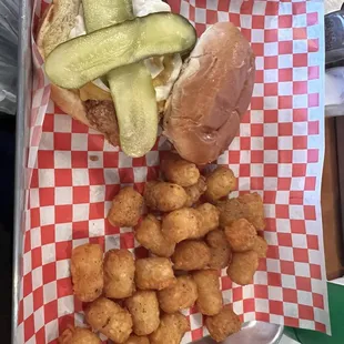 Seasoned tots and The Mother Klucker (chicken) sandwich