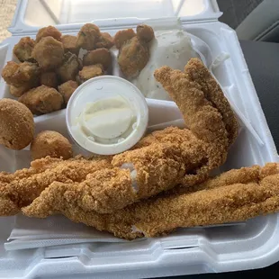 Two piece catfish, hush puppies, okra, mash potatoes