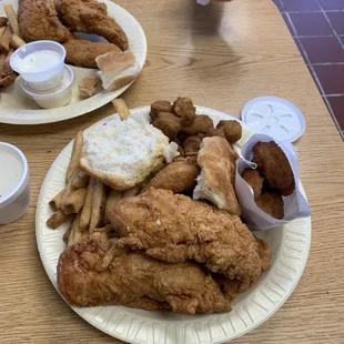 Chicken strips Fried Okra Biscuits Dinner rolls Corn nuggets( breaded cream of corn) Seasoned fries Gravy