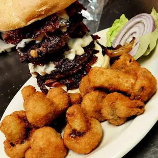 Triple Bacon Mushroom Swiss Burger w Breaded Mushrooms