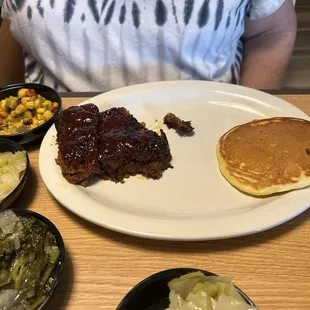 Meatloaf special with turnip greens, cabbage, southwest corn mix, cornbread pancake