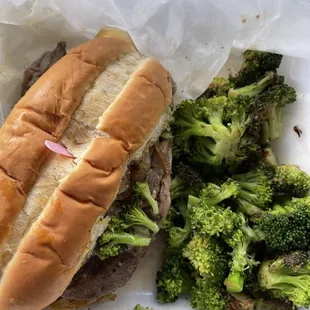 Ribeye steak sandwich with broccoli