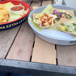 Salsa with chips Picadillo taco Baja Shrimp taco Tropical shrimp taco