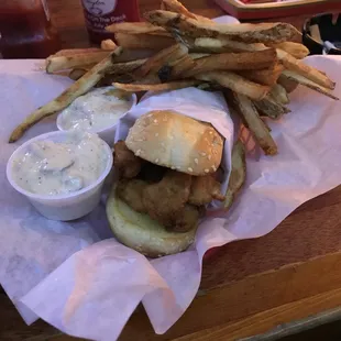 Shrimp poboy and homemade tartar sauce and hand cut fries. $9-SO much food!!!