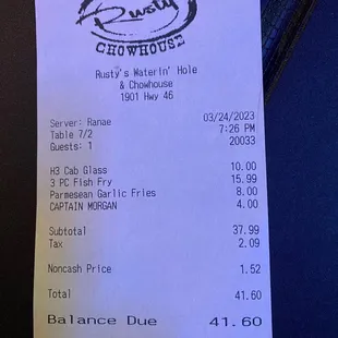 Receipt with ridiculous pricing and laughable "noncash" charge.