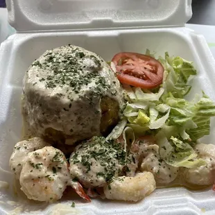 Dufongo con camarones al ajillo
