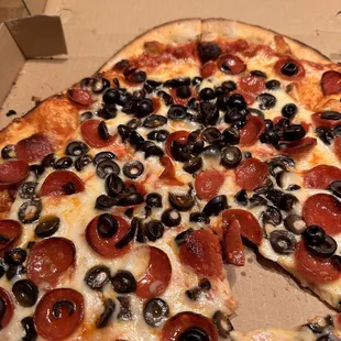 Thin crust pepperoni and olive