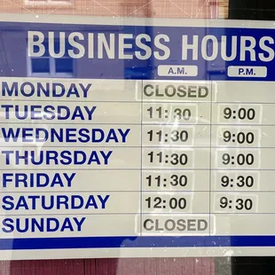 Updated hours of business.