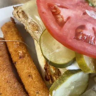 Grilled chicken sandwich with mozzarella sticks