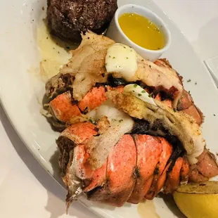 Two Lobster Tails and Filet Mignon