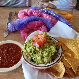 Birthday day let's. Salsa guac and chips.