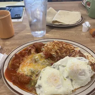 Carne Adovada and eggs with red and green.
