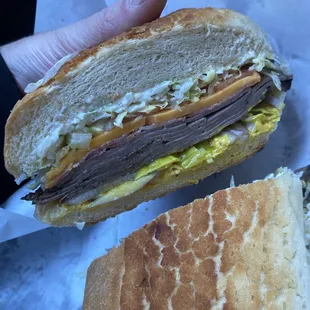 Roast beef sandwich with everything, on toasted Dutch