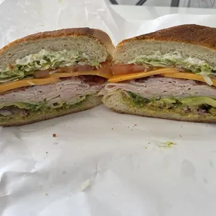 Turkey, Bacon, Avocado on Dutch Crunch toasted.