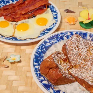 Hawaiian French Toast plate sunnyside up with bacon