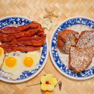 Hawaiian French Toast plate sunnyside up with bacon