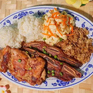 Mixed Plate Special! Kalua Pork, Kal-Bi, BBQ (our housemade teriyaki) Chicken