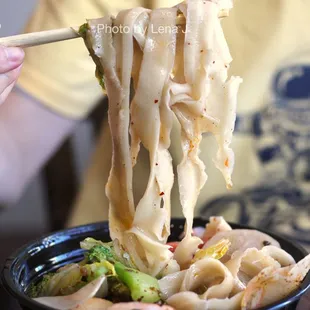 Seafood Spicy Hot Pot ($14.99) with Sliced Noodles - fish ball, imitation crab meat, shrimp