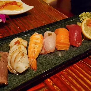 Wagyu and assorted Nigari: scallop, ebi, seabass, salmon, tuna
