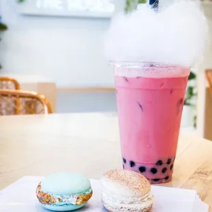 Fruity Pebble Macaron. Snickerdoodle Macaron. Prickly Pear Rose Boba.