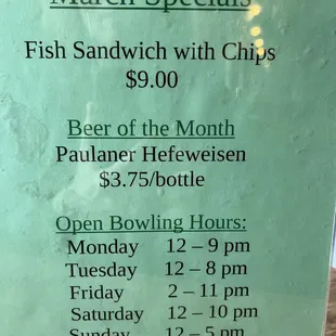 March specials and hours