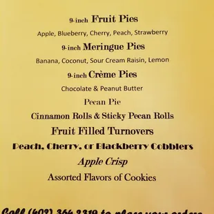 Bakery Menu. Call to order.