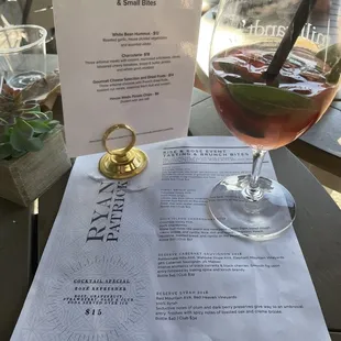 a glass of wine and menu