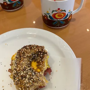 Bacon egg and cheese on everything bagel with peanut butter flavored coffee. Absolutely delish!