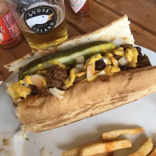 Massive chili dog with fries for under five dollars