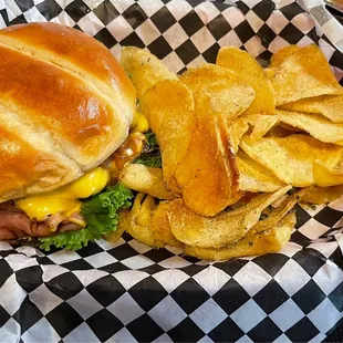 Pig Sooie Bacon Melt - meaty &amp; awesome!!  Housecut Chips are also great!