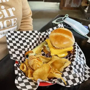Fresh ground homemade cheeseburger and homemade chips