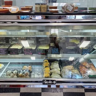 a display case full of food
